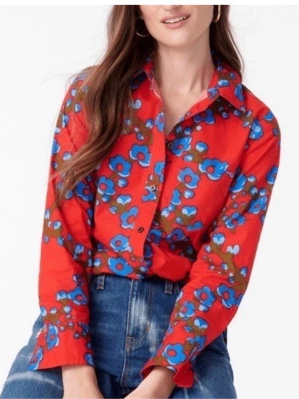 J. Crew Collection red lattice floral cotton poplin top button shirt 4 s small